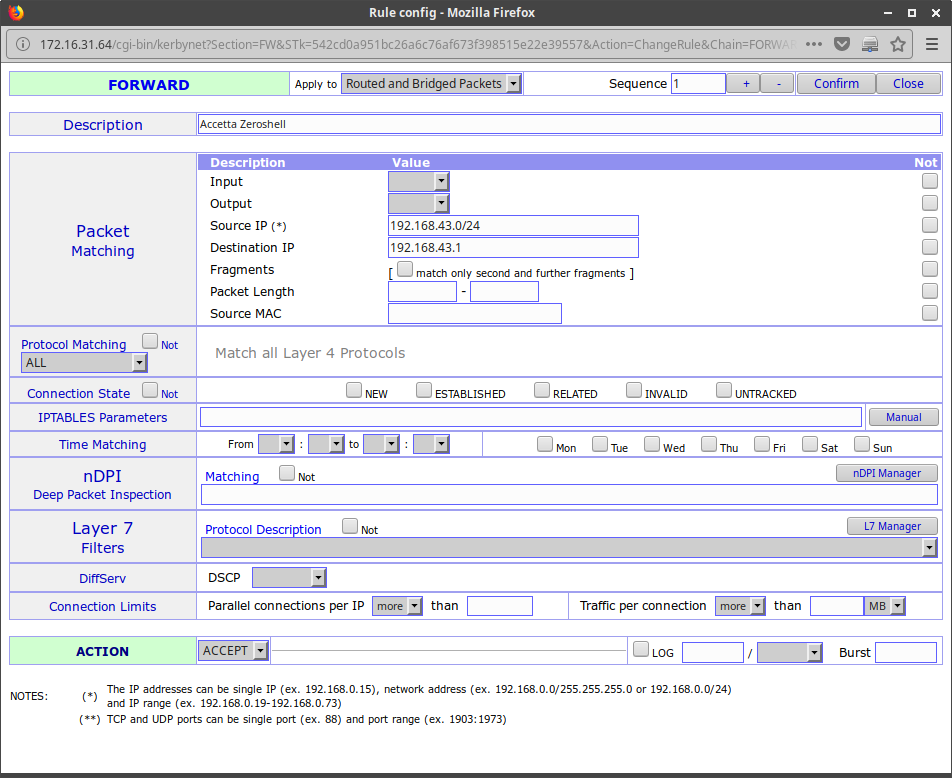 Finestra Add Rule firewall