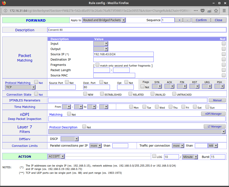 Finestra Add Rule firewall