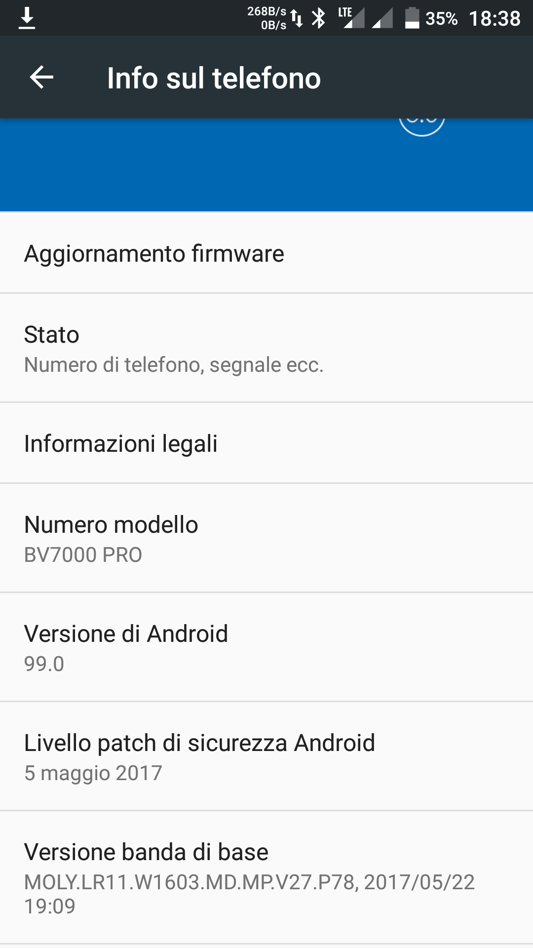 Schermata informazioni sul telefono, mostra versione 99.0