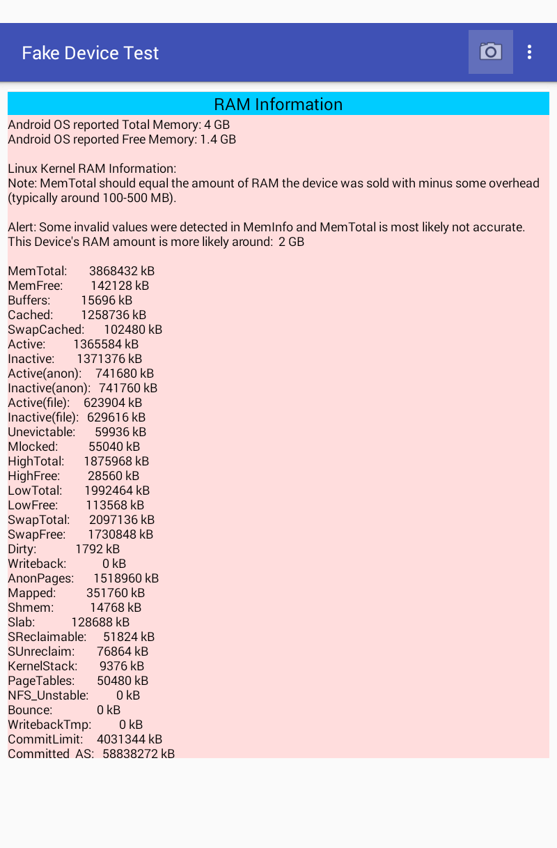 Fake device test, mostra che la RAM è da 2GB e non 4GB